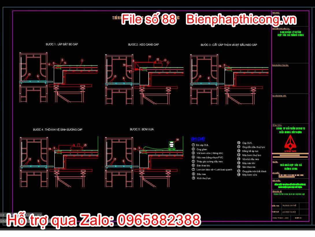 Bản vẽ trình tự thi công cáp dự ứng lực cad.