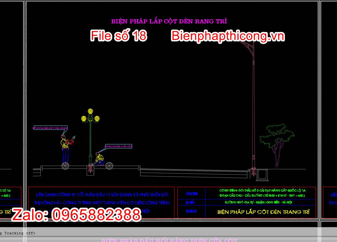 Bản vẽ biện pháp lắp cột đèn trang trí chiếu sáng.