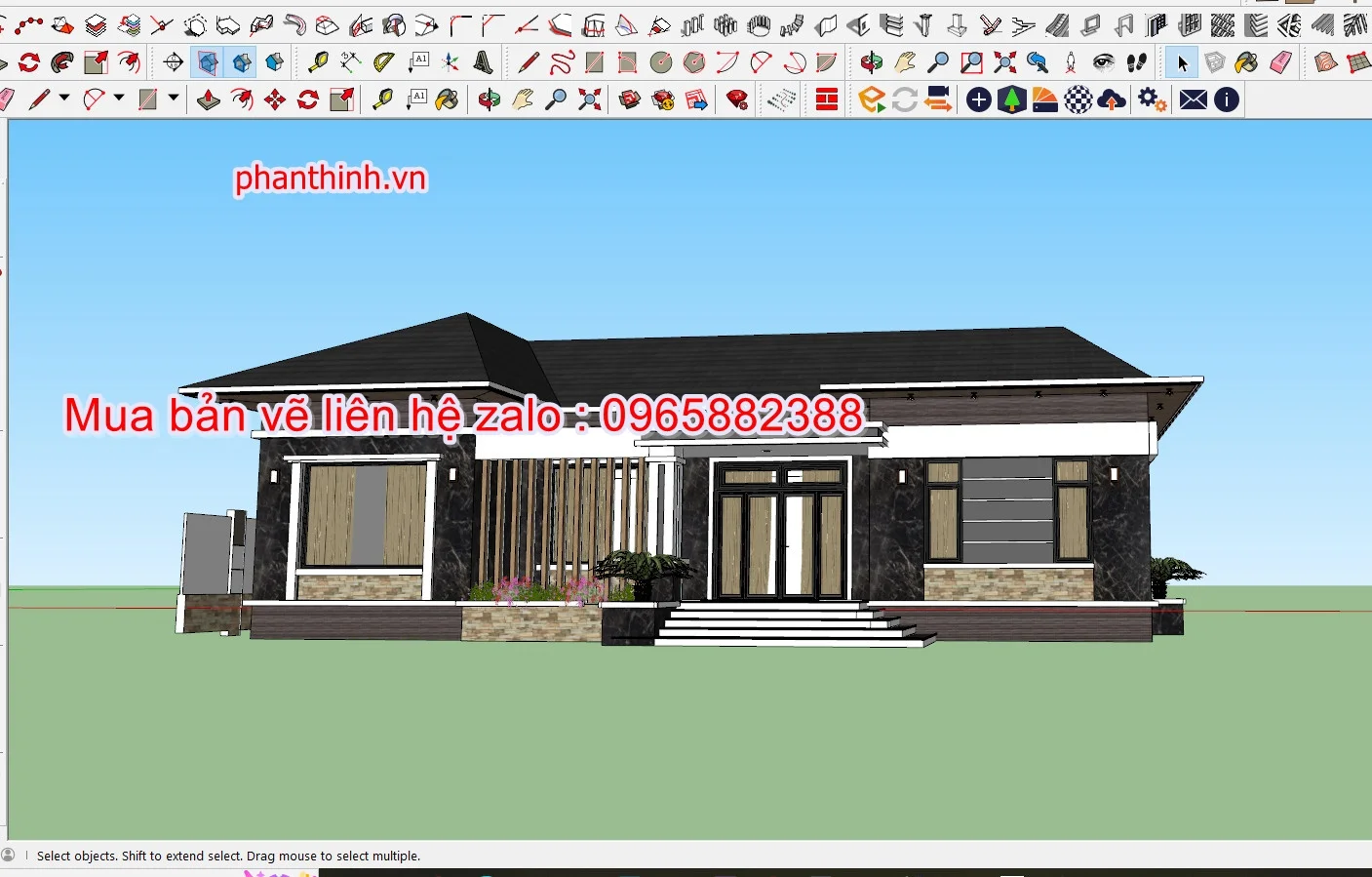 3d sketchup nhà cấp 4 rộng 17m gồm 3 phòng ngủ