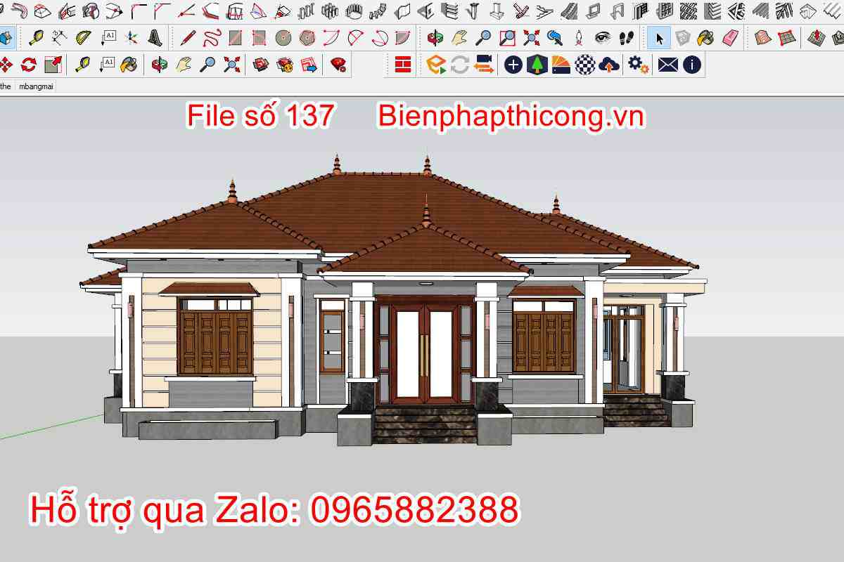 Bản vẽ sketchup nhà cấp 4 mặt tiền 15m x 10m