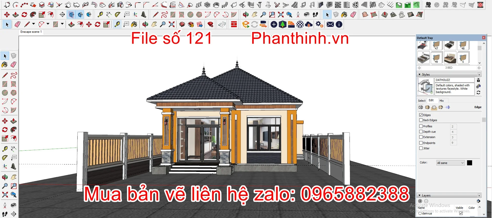 File 3D nhà cấp 4 mái nhật 9m