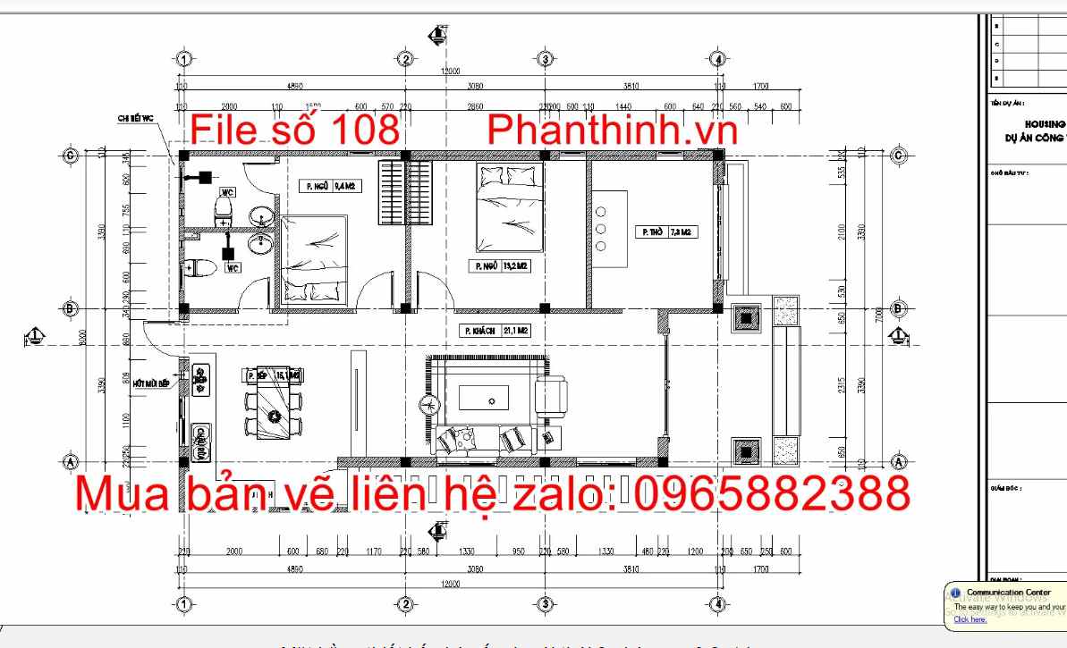 Mặt bằng nhà cấp 4 mái thái 8m