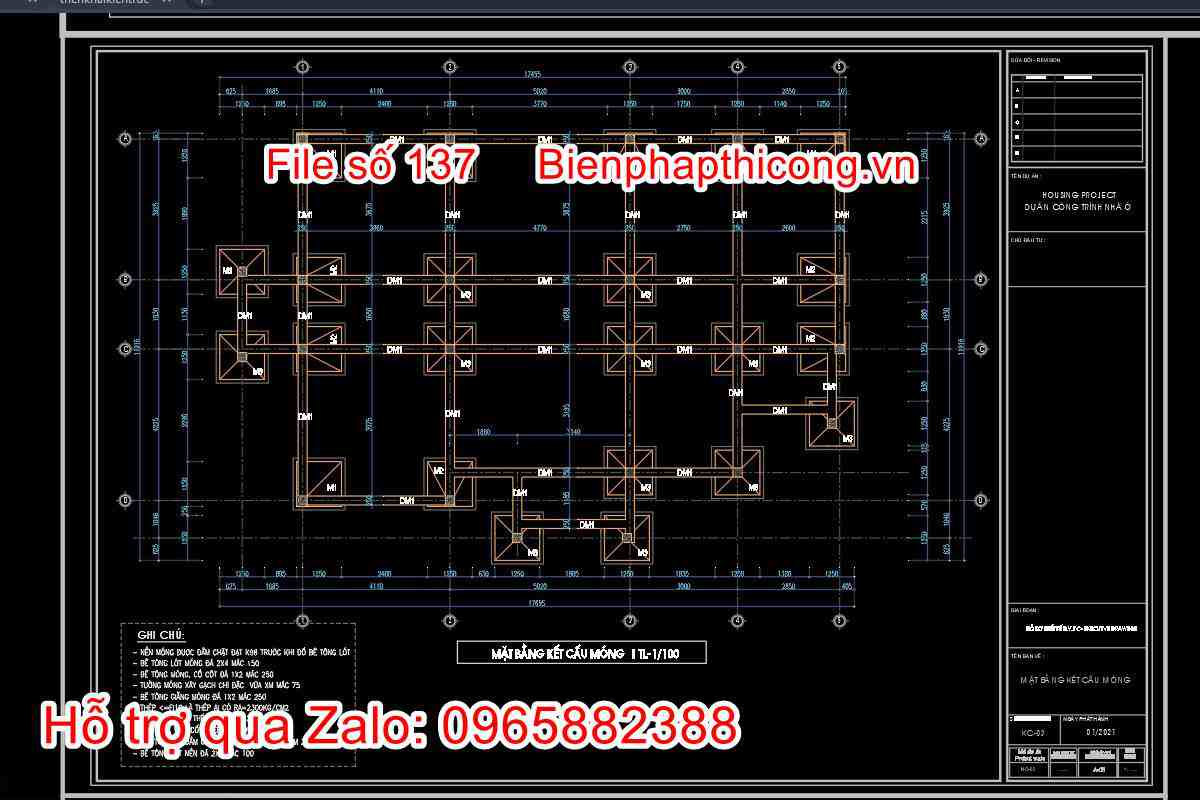 Mặt bằng móng nhà cấp 4 diện tích 15mx10m