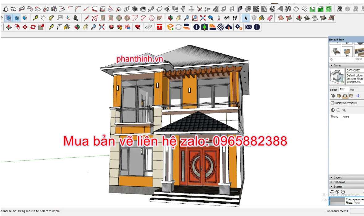 3d sketchup biệt thự 2 tầng mái nhật