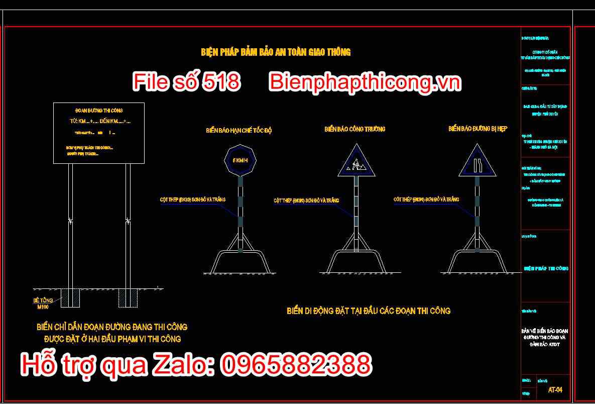 Bản vẽ biển báo đoạn đường thi công và đảm bảo an toàn giao thông