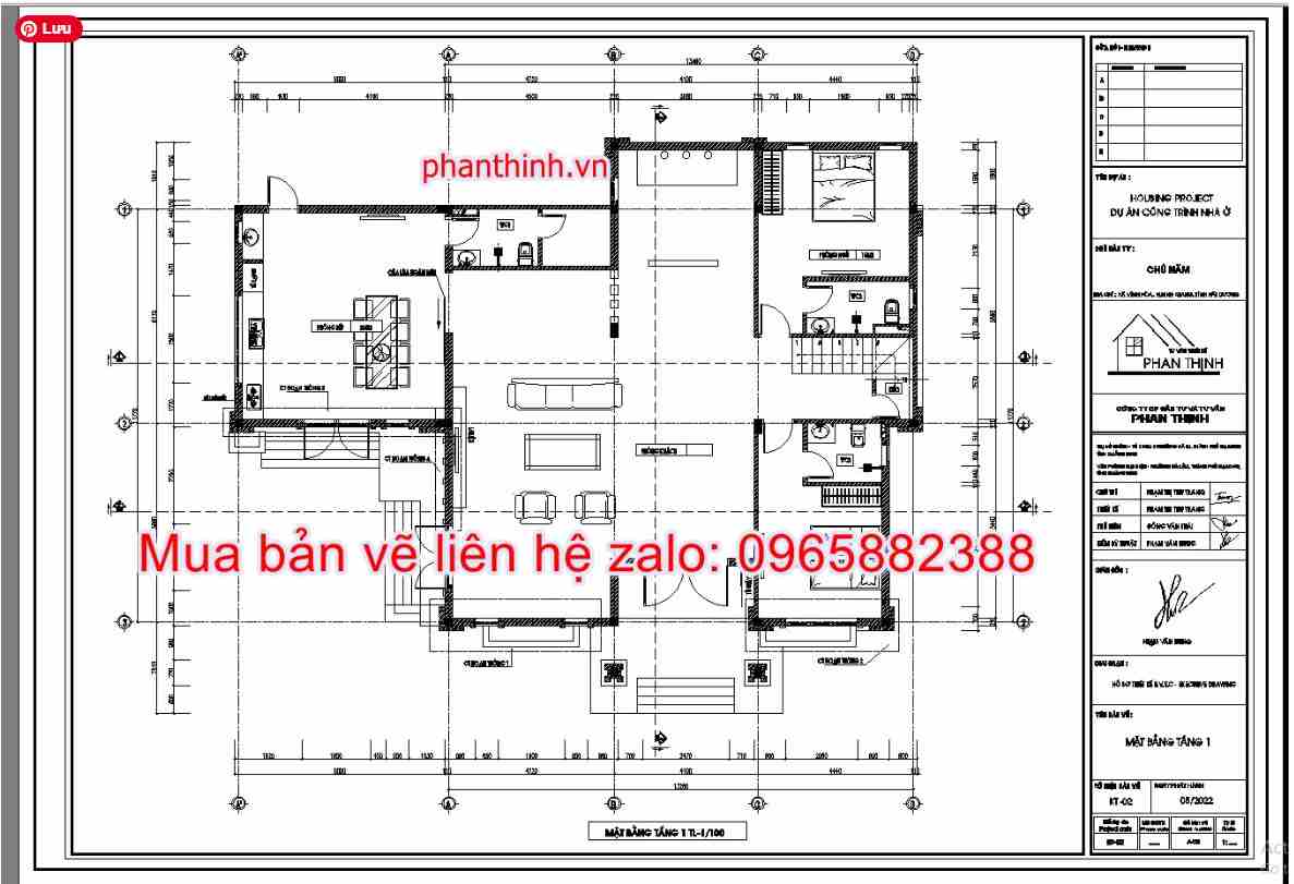 Mặt bằng tầng 1 biệt thự 2 tầng 20m x 15m