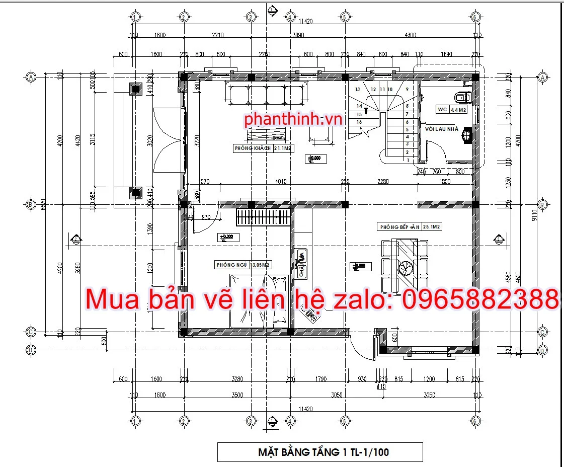 Mẫu bản vẽ nhà biệt thự 2 tầng 9m x 11m 4 phòng ngủ cad 5 Mặt bằng tầng 1 biệt thự 2 tầng rộng 9m x 11m