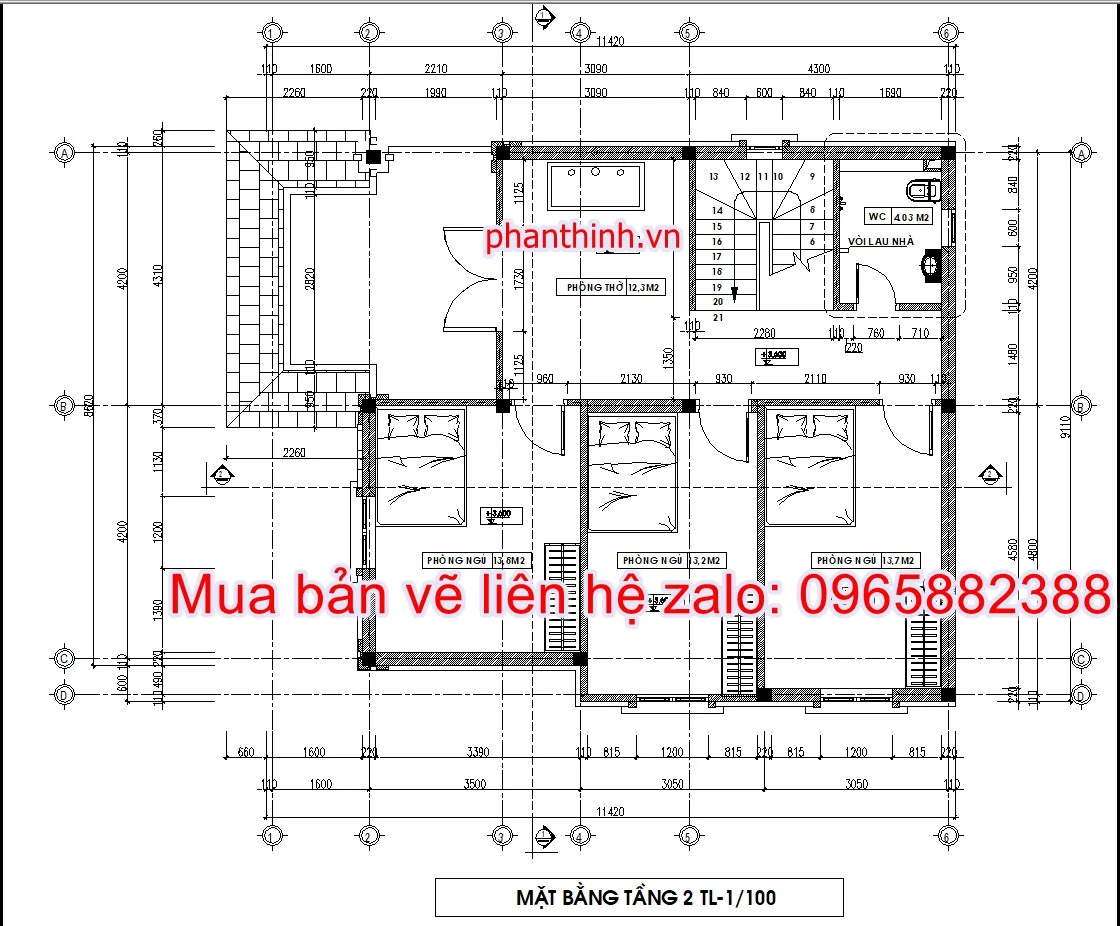 Mẫu bản vẽ nhà biệt thự 2 tầng 9m x 11m 4 phòng ngủ cad 6 Mặt bằng tầng 2 nhà 9m
