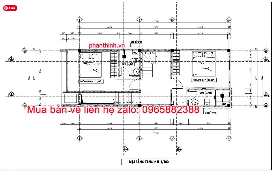 Mẫu bản vẽ nhà ống 2 tầng rộng 4,5m x 12m hiện đại cad 5 Mặt bằng tầng 2 nhà ống 2 tầng rộng 4,5m x 12m