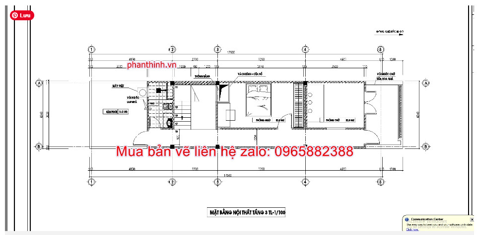 Mẫu bản vẽ nhà ống 3 tầng hiện đại mặt tiền 4m x 17,5m cad 5 Mặt bằng tầng 3 nhà ống 3 tầng rộng 4m x 17,5m