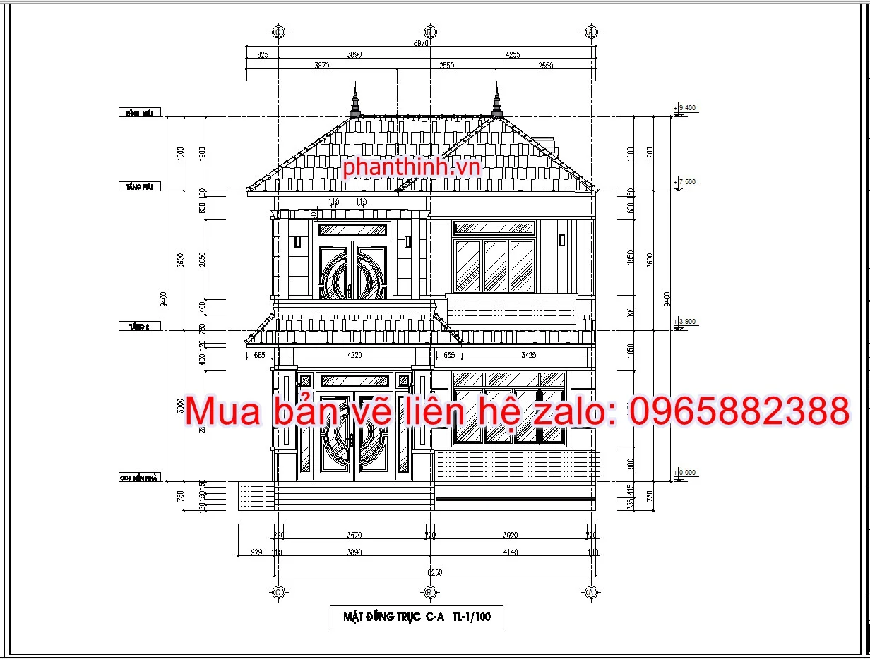 Bản vẽ biệt thự 2 tầng mái nhật 8m x 15m 3 phòng ngủ cad 9 Mặt đứng công trình