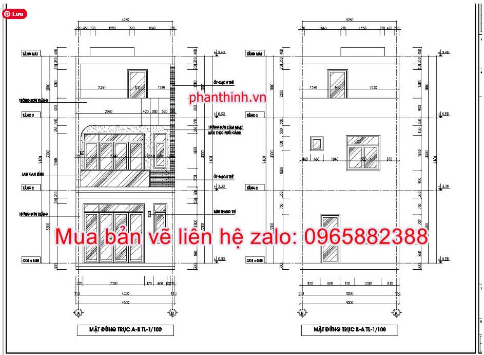 Mẫu bản vẽ nhà ống 2 tầng rộng 4,5m x 12m hiện đại cad 6 Mặt đứng công trình