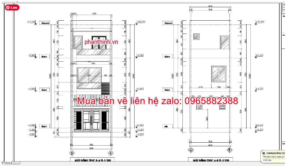 Mẫu bản vẽ nhà ống 3 tầng hiện đại mặt tiền 4m x 17,5m cad 6 Mặt đứng công trình.