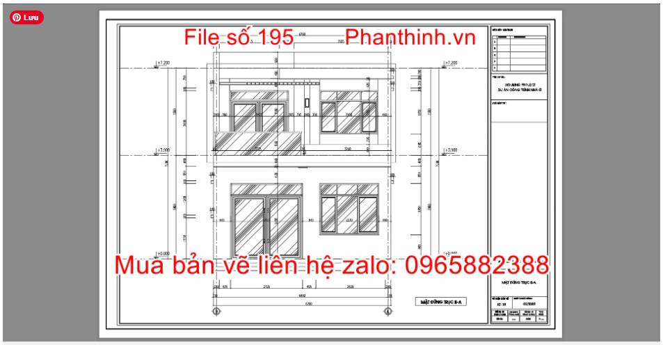 Mẫu bản vẽ nhà ống 2 tầng hiện đại mặt tiền 6,7m x 11m cad 6 Mặt đứng công trình