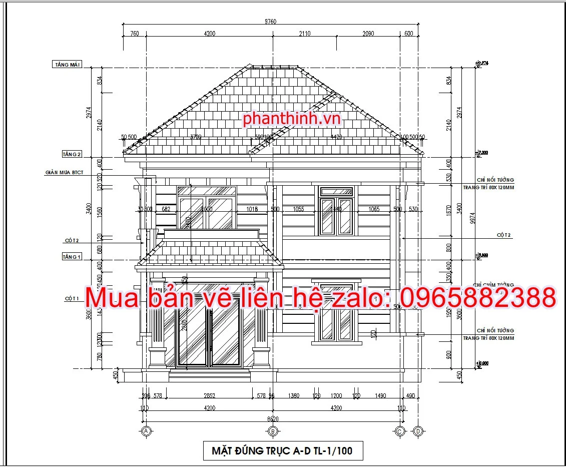 Mẫu bản vẽ nhà biệt thự 2 tầng 9m x 11m 4 phòng ngủ cad 7 Mặt đứng công trình