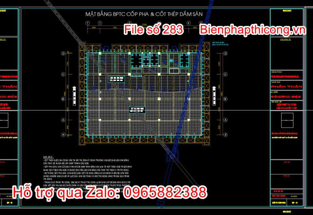 Mặt bằng biện pháp thi công cốp pha cốt thép dầm sàn.