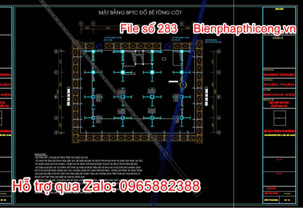 Mặt bằng biện pháp thi công đổ bê tông cột.