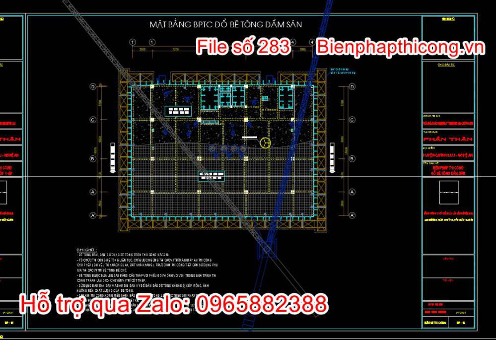 Mặt bằng biện pháp thi công đổ bê tông dầm sàn.