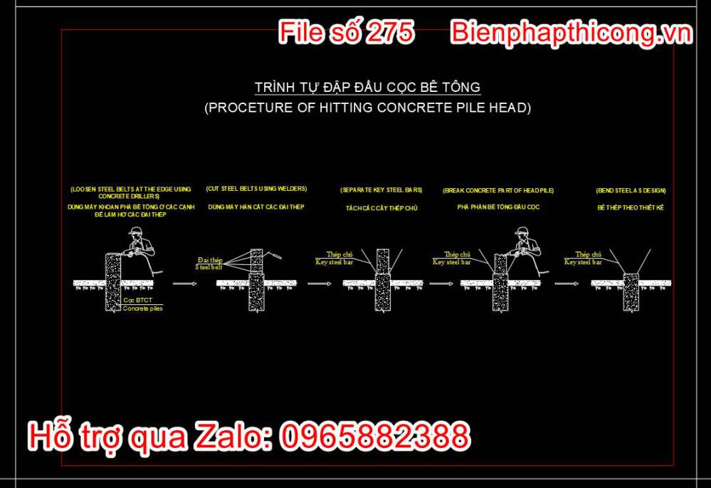 Trình tự đập đầu cọc bê tông.
