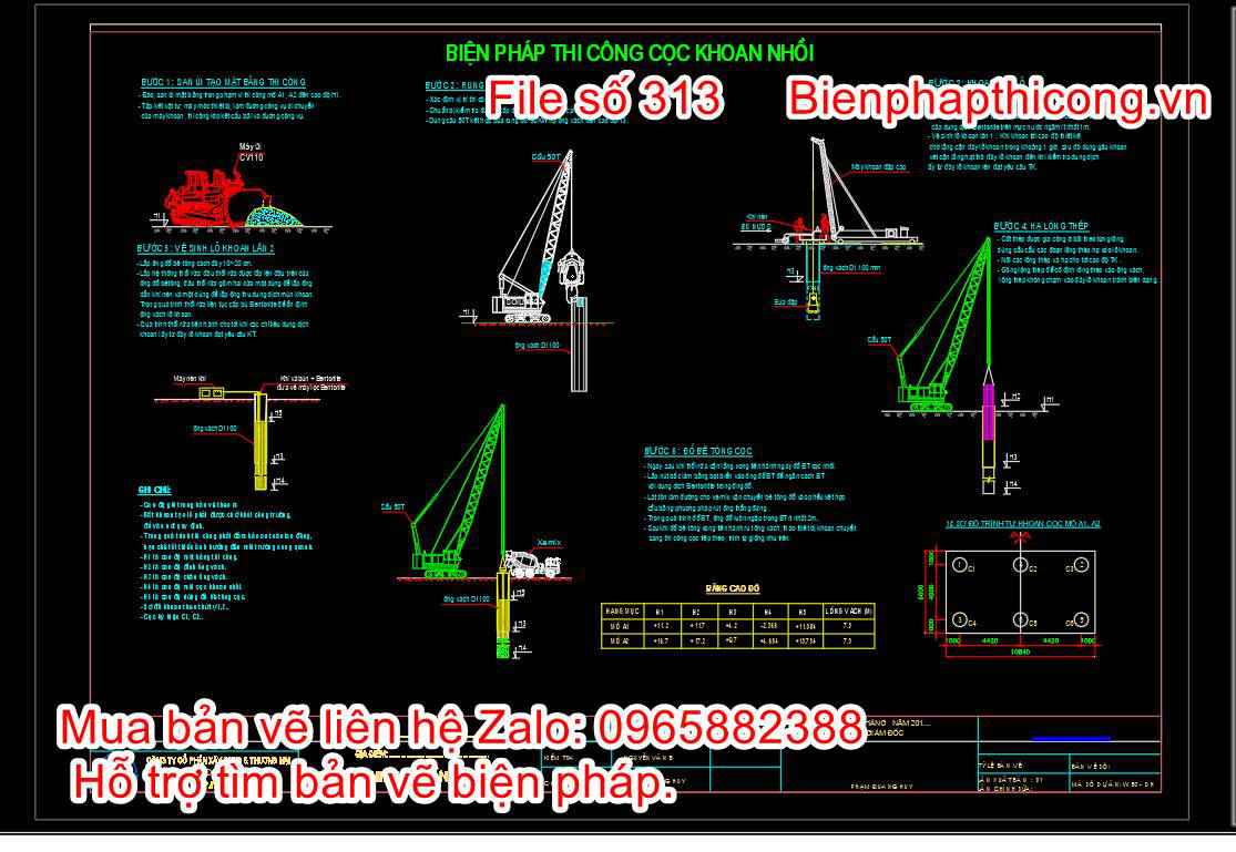 Bản vẽ biện pháp thi công cọc khoan nhồi d1100