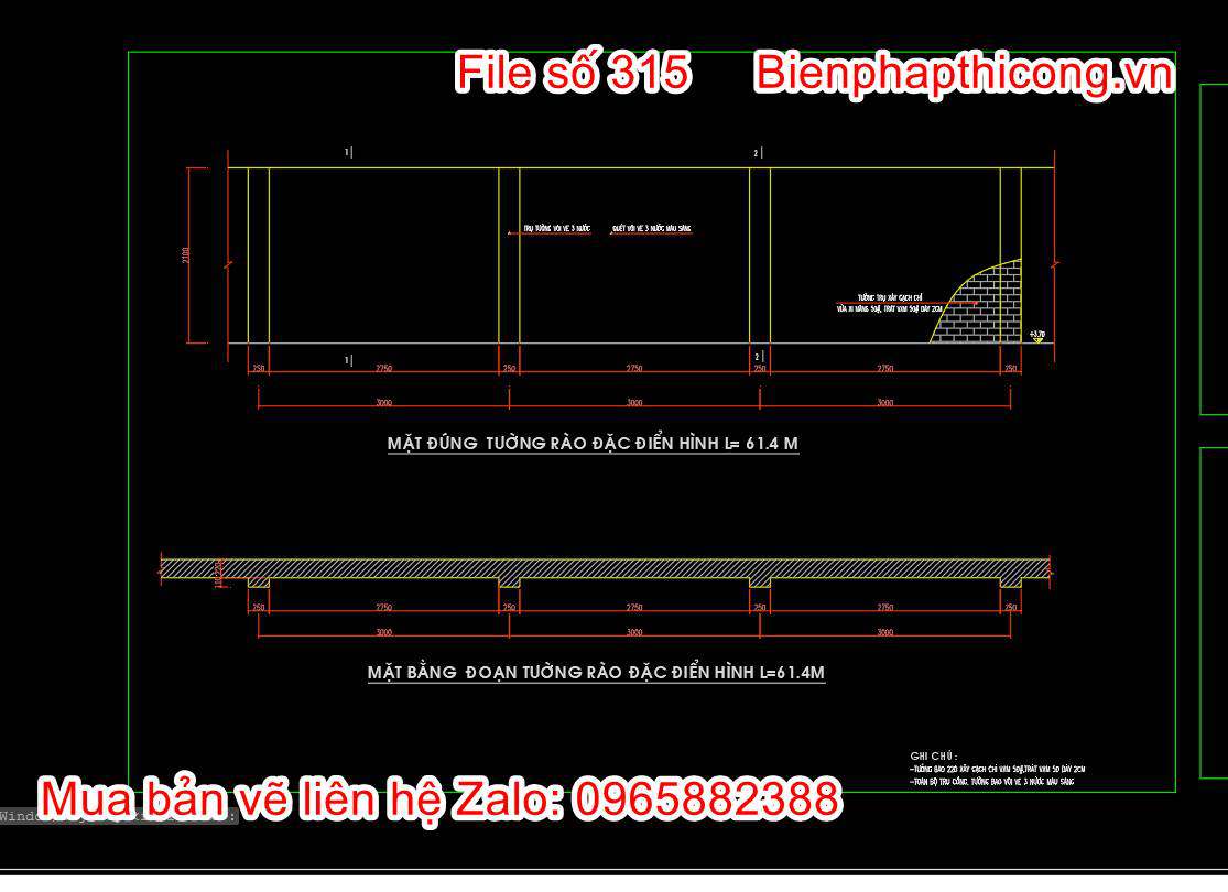 Bản vẽ thiết kế tường rào xây gạch.