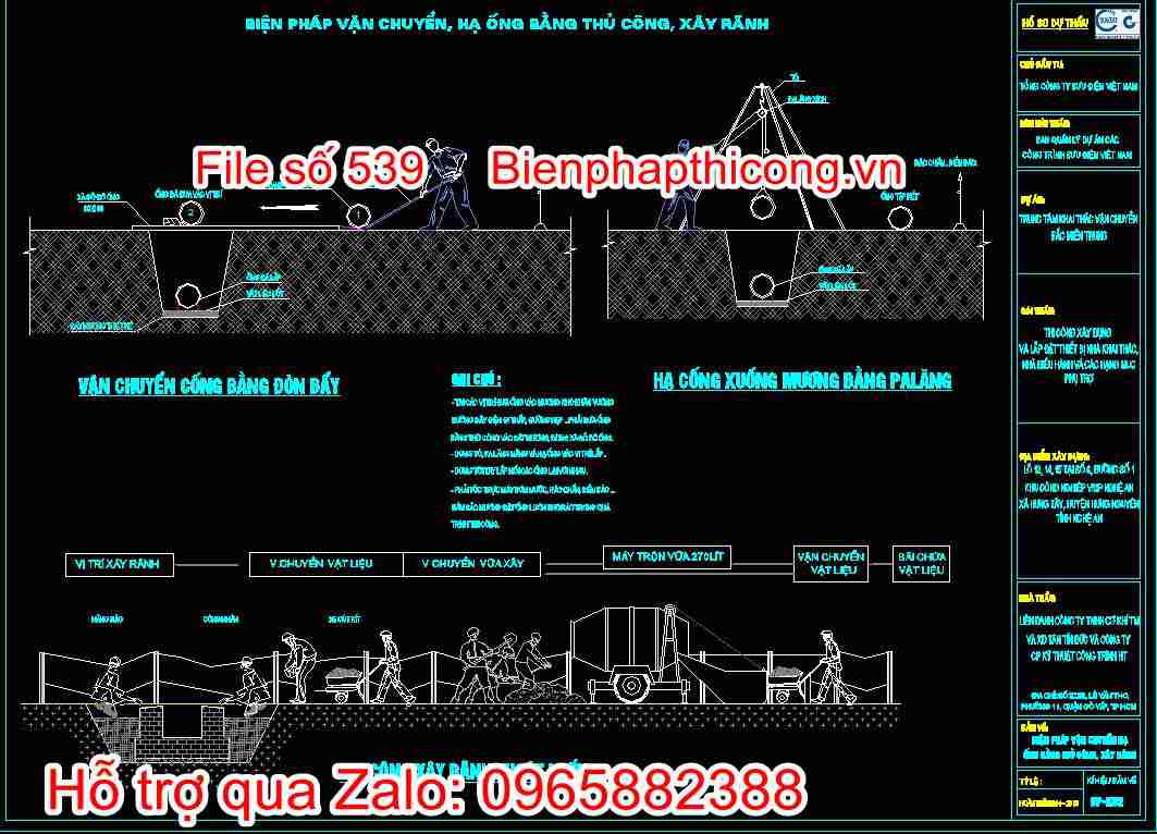 Biện pháp vận chuyển, hạ ống bằng thủ công, xây rãnh