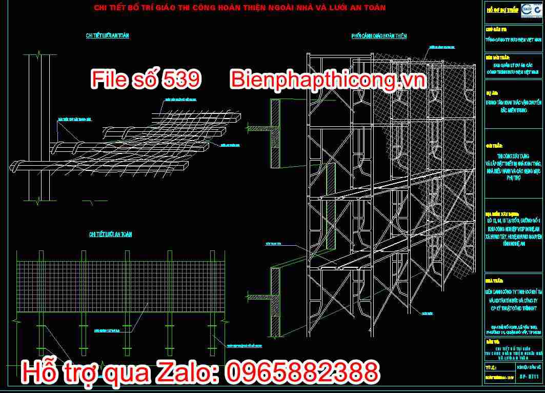 Chi tiết bố trí giáo thi công hoàn thiện ngoài nhà và lưới an toàn