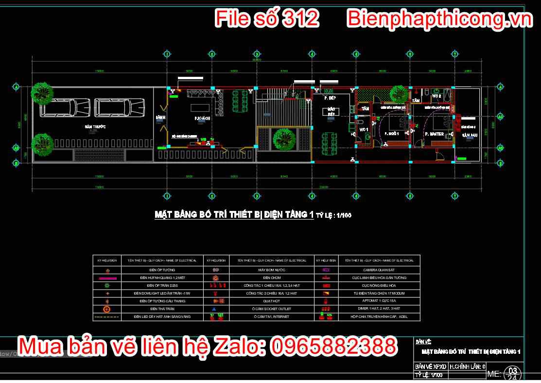 Mặt bằng bố trí thiết bị điện tầng 1 nhà 2 tầng cad