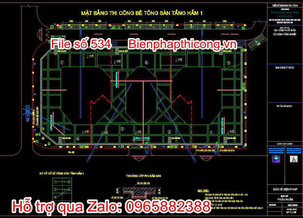 Mặt bằng thi công bê tông sàn tầng hầm 1