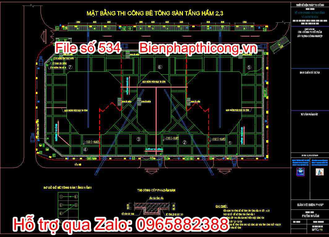 Mặt bằng thi công bê tông sàn tầng hầm 2,3