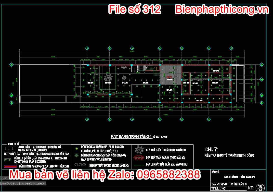 Mặt bằng trần tầng 1 autocad