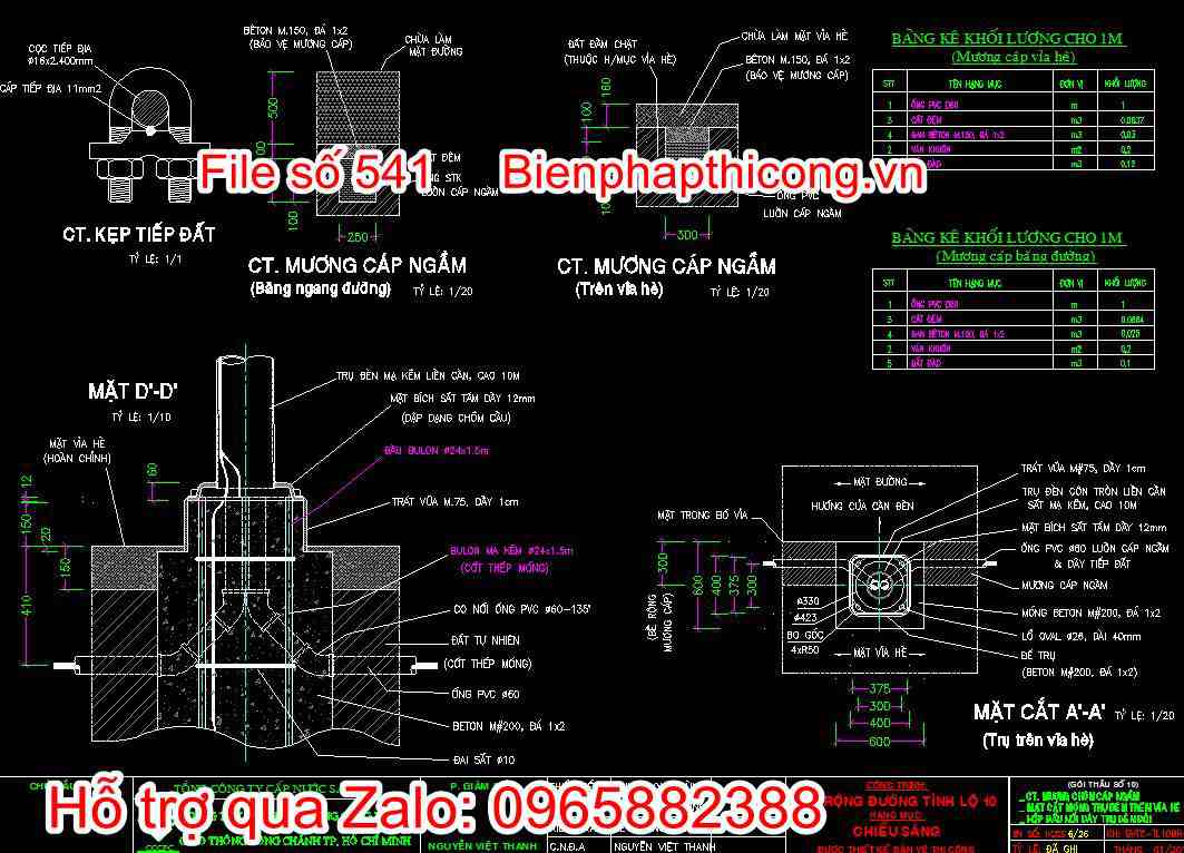 CT mương chôn cáp ngầm, mặt cắt móng trụ đèn trên vỉa hè, hộp đấu nối dây trụ đèn đôi