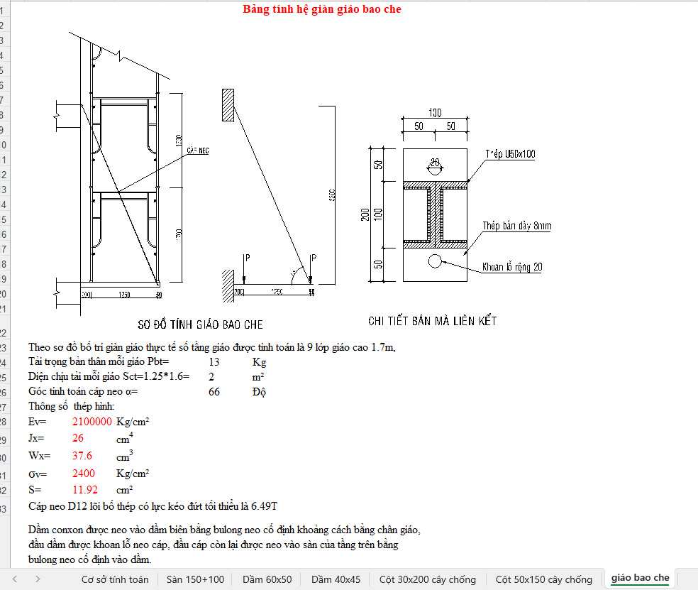 Bảng tính hệ giàn giáo bao che
