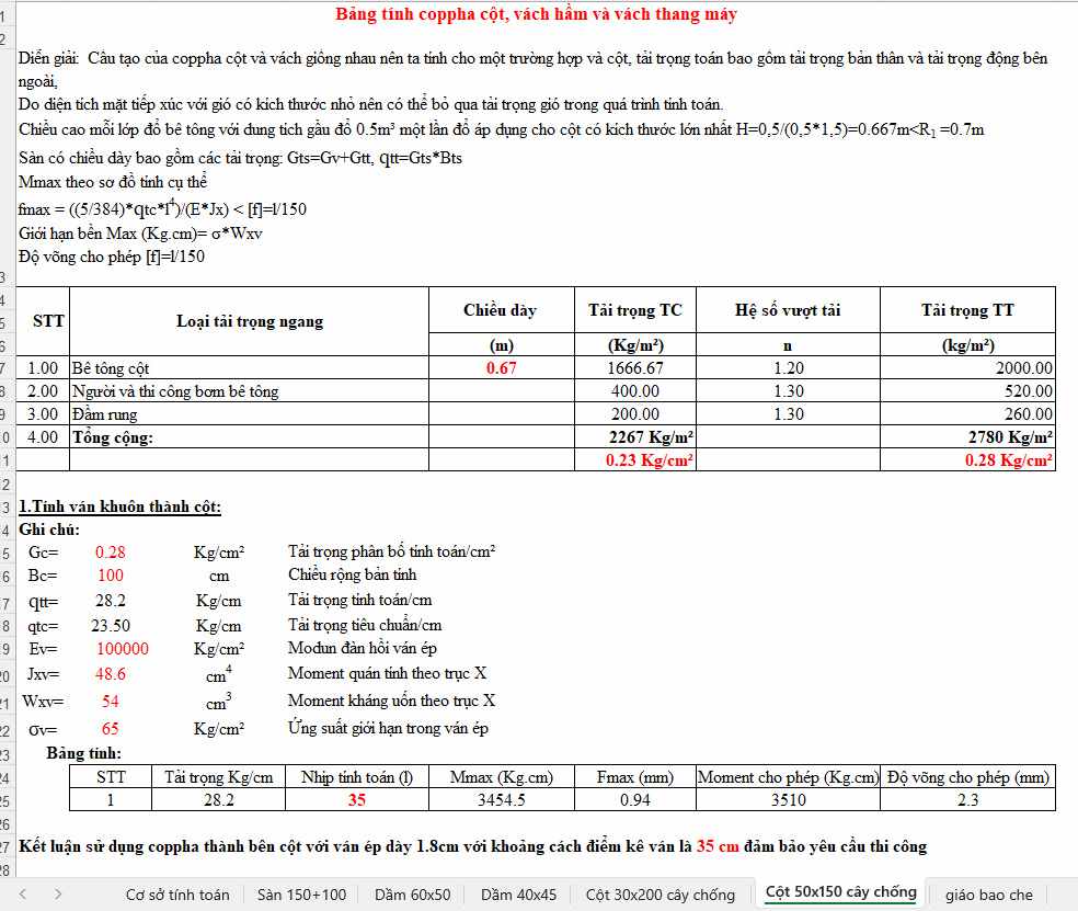 Bảng tính ván khuôn cột vách hầm vách thang máy excel