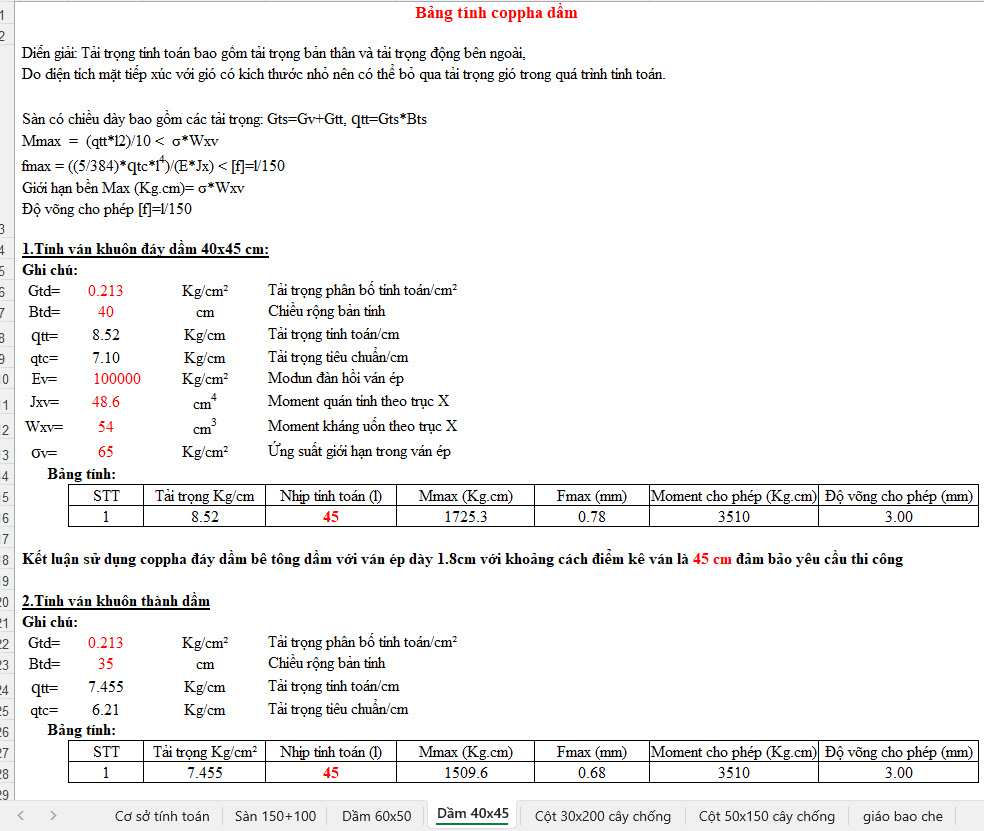 Bảng tính ván khuôn dầm excel