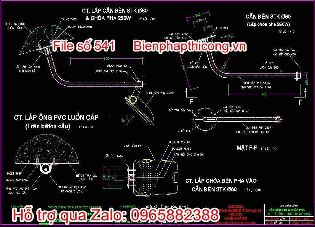Cần đèn STK và chóa pha, CT lắp ống luồn cáp trên cầu
