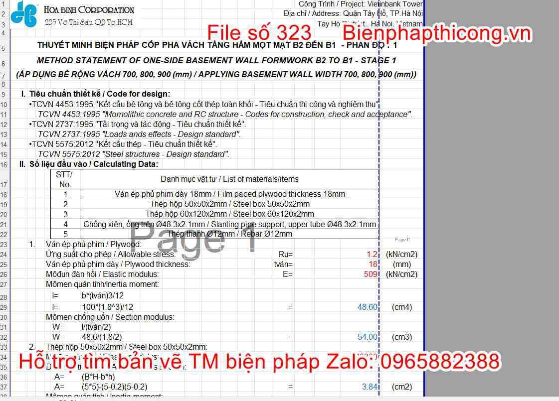 File tính toán cốp pha tường 1 mặt