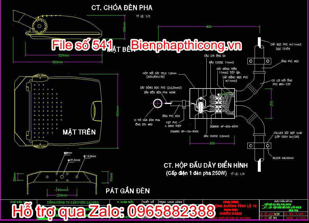 Kiểu đèn chóa pha, CT lắp hộp đấu nối dây cấp điện đèn pha