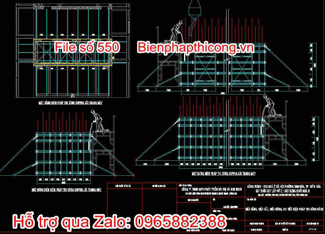 Mặt bằng, mặt cắt, mặt đứng chi tiết biện pháp thi công vách 2