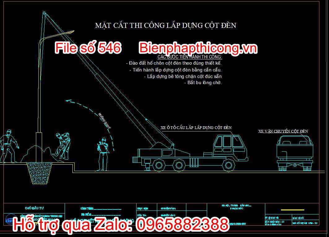 Mặt cắt thi công lắp dựng cột đèn