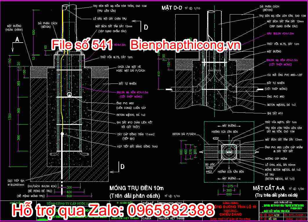 Móng Beton chân trụ đèn trên dải phân cách, mặt cắt móng trụ đèn