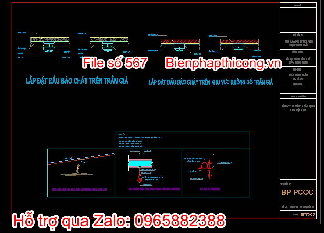 Bản vẽ lắp đặt đầu báo cháy trên trần giả và không có trần giả