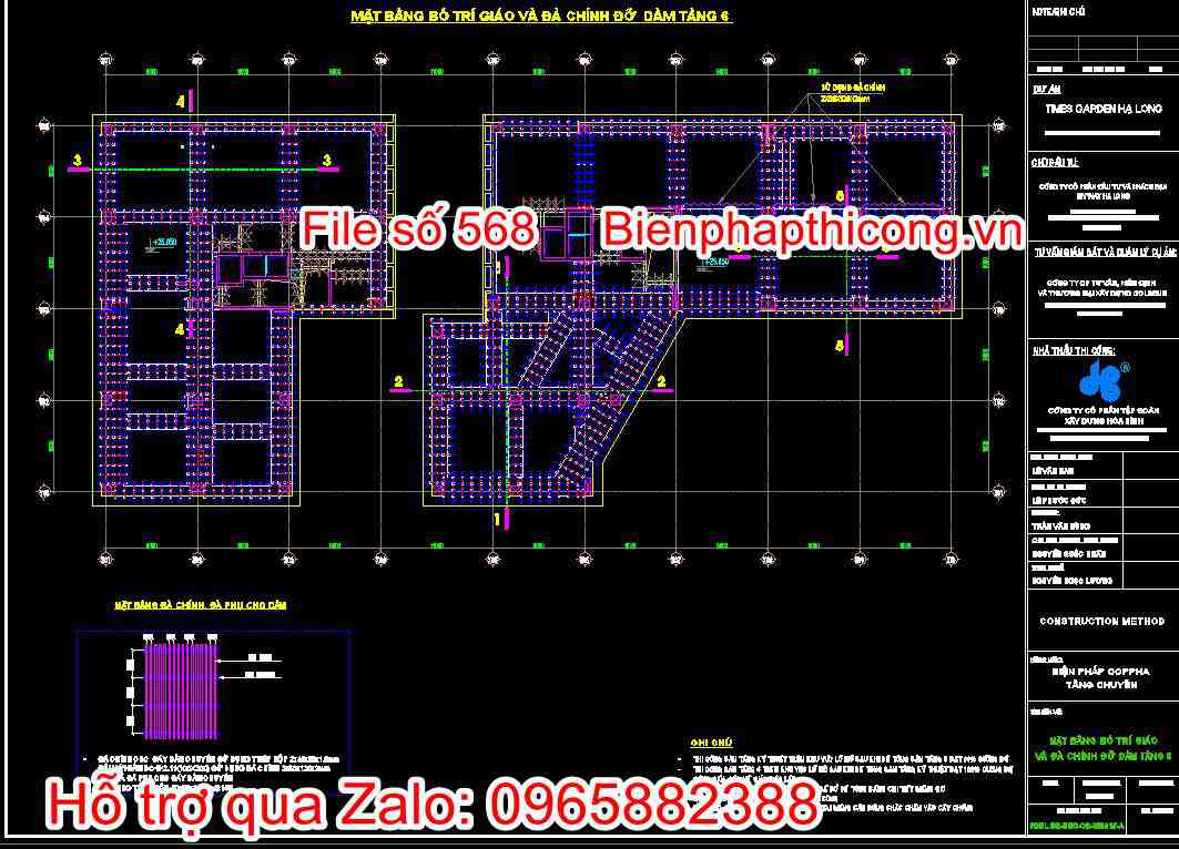 Bản vẽ mặt bằng bố trí giáo và đà chính đỡ dầm tầng 6
