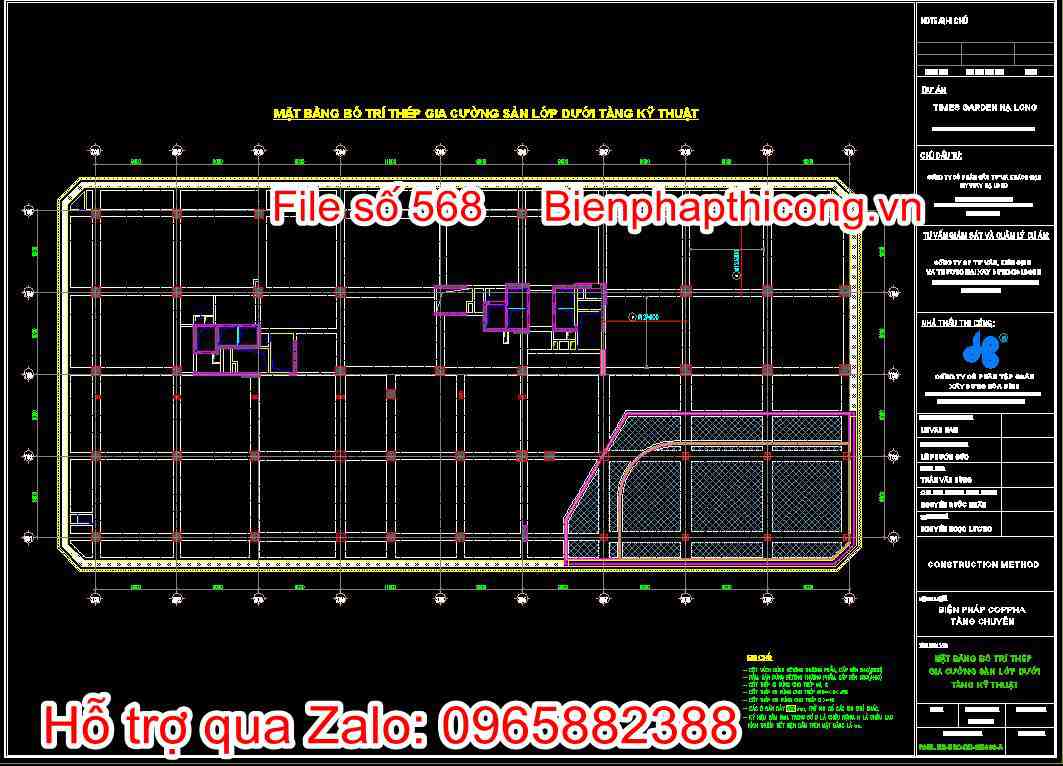 Bản vẽ mặt bằng bố trí thép gia cường sàn lớp dưới tầng kỹ thuật