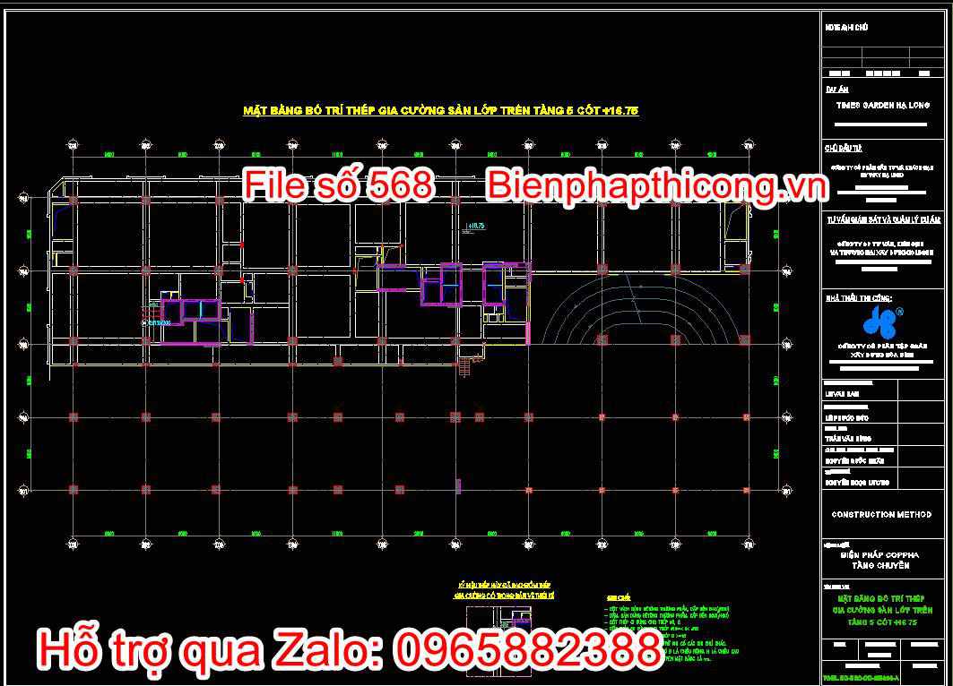 Bản vẽ mặt bằng bố trí thép gia cường sàn lớp trên tầng 5 cốt