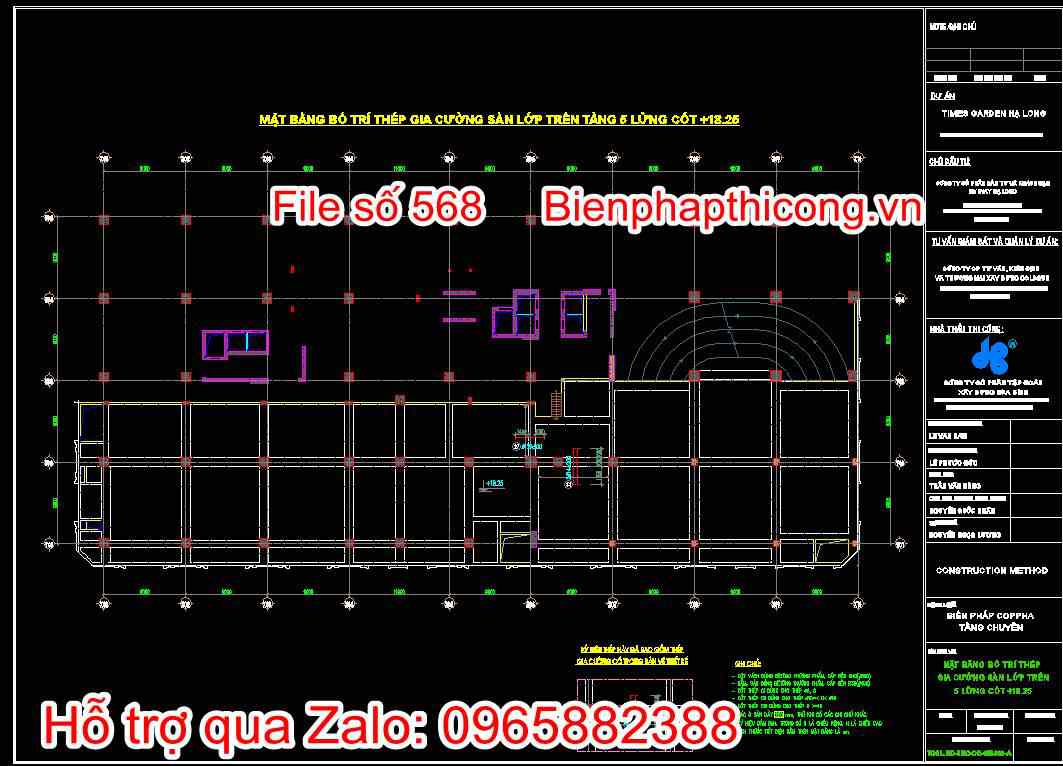 Bản vẽ mặt bằng bố trí thép gia cường sàn lớp trên tầng 5 lửng cốt