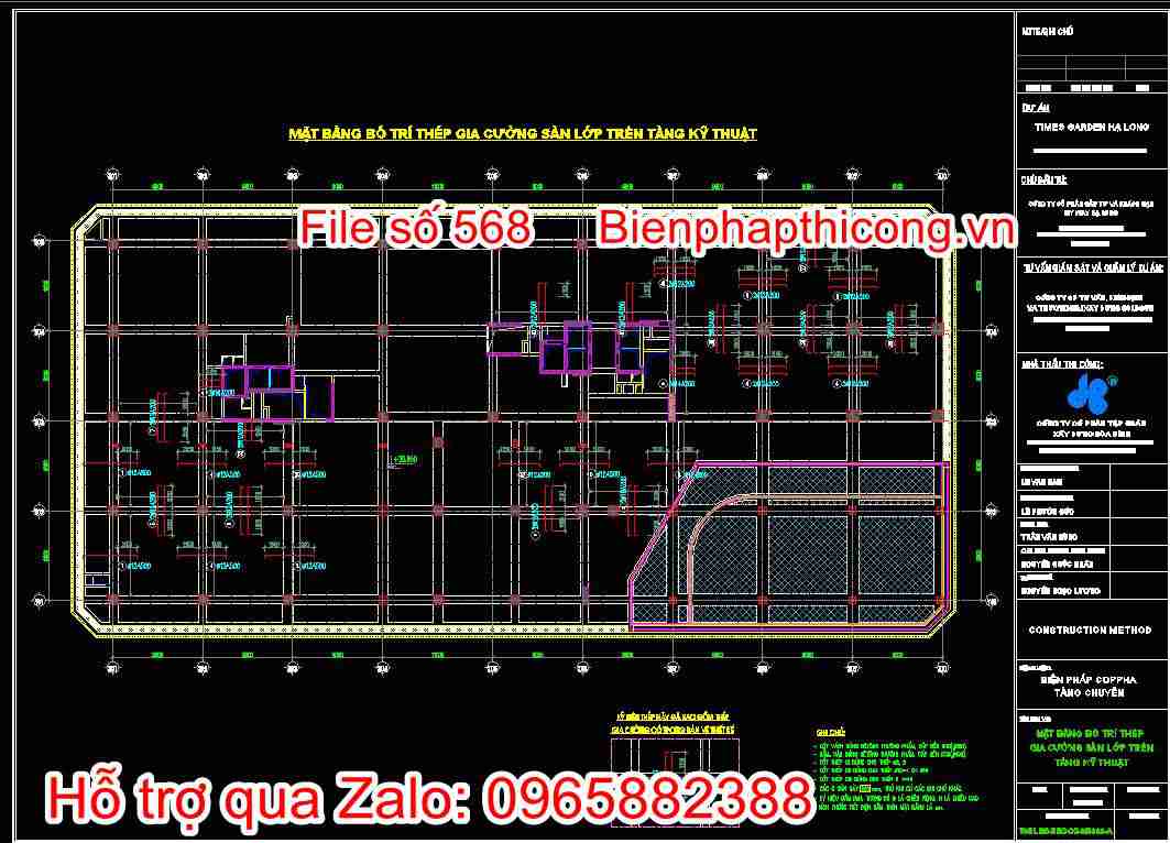 Bản vẽ mặt bằng bố trí thép gia cường sàn lớp trên tầng kỹ thuật