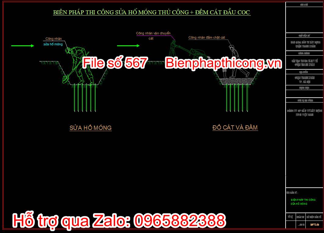 Bản vẽ biện pháp thi công sửa hố móng thủ công, đệm cát đầu cọc
