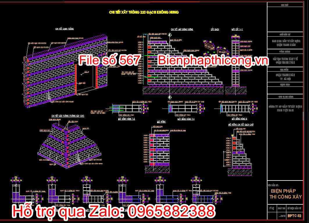 Bản vẽ chi tiết xây tường gạch không nung