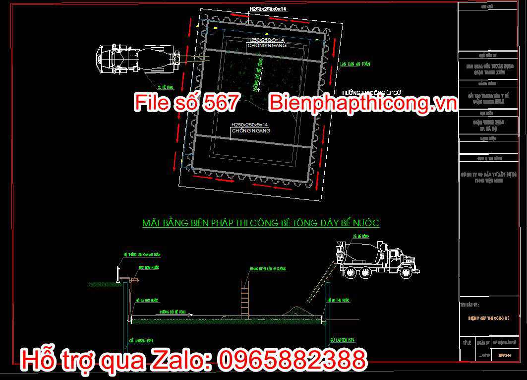 Bản vẽ mặt bằng biện pháp thi công bê tông đáy bể nước